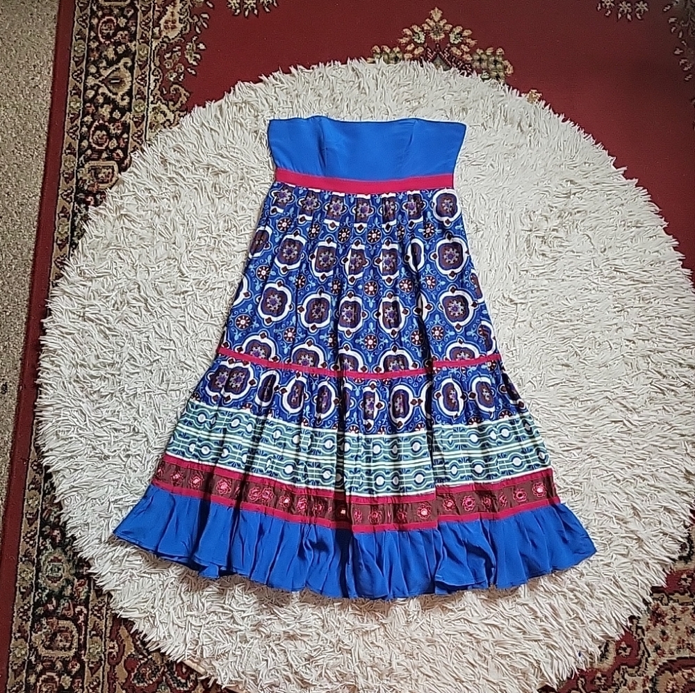 Anthro Plenty by Tracy Reese Strapless Dress Boho Print Blue Brown Size 2 Cotton